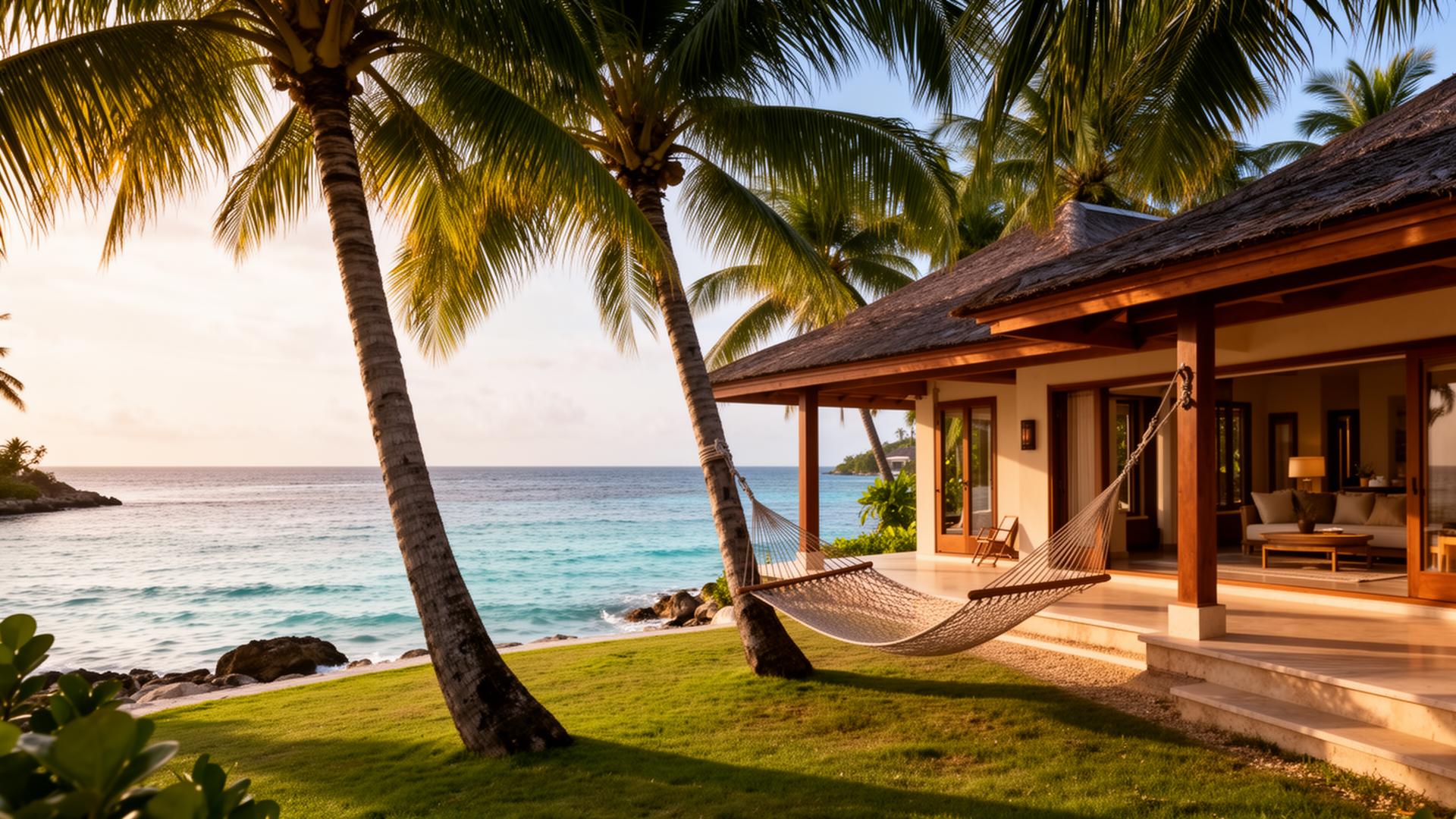 Luxury private island villa with hammock between palm trees overlooking Caribbean Sea