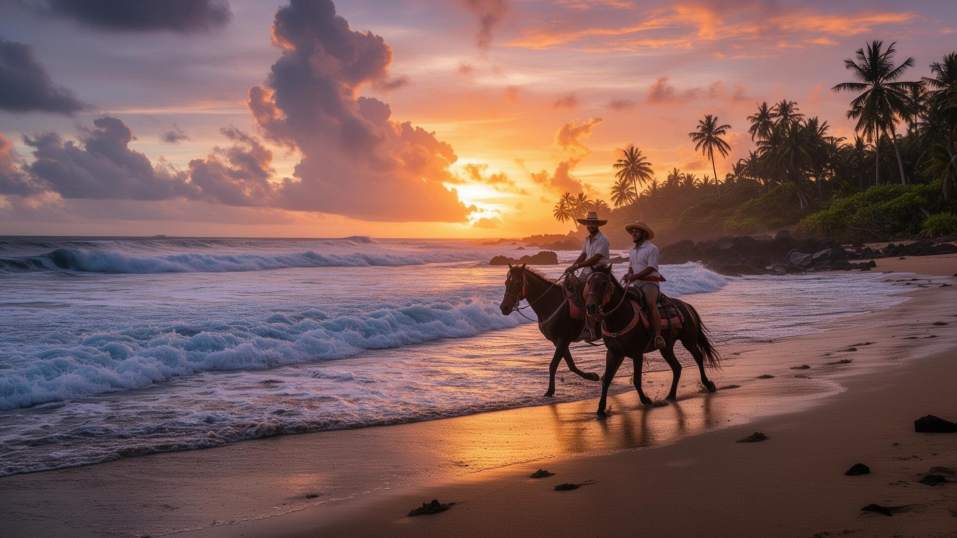 Horseback riding on remote Indonesian beach at sunset with dramatic waves
