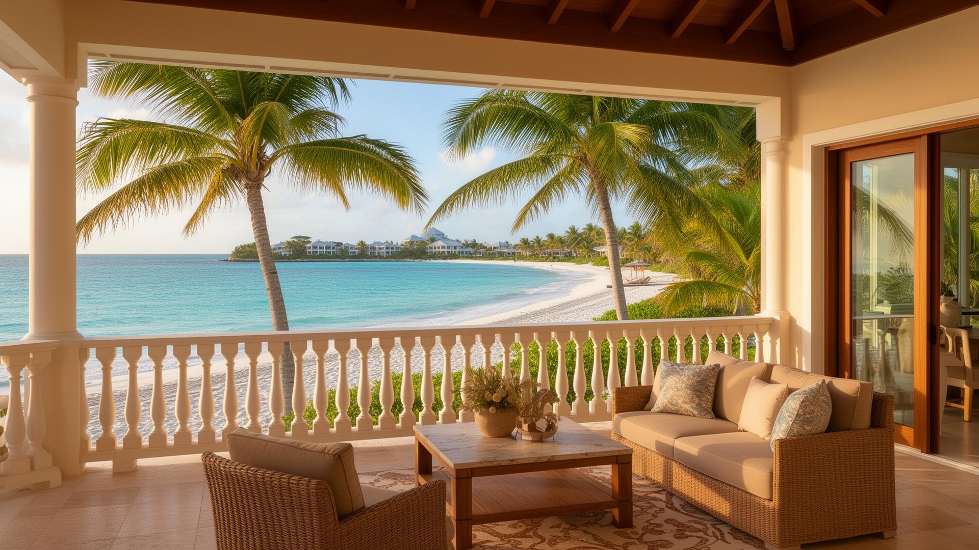 Luxury beach villa terrace overlooking Paradise Island beach at the Ocean Club