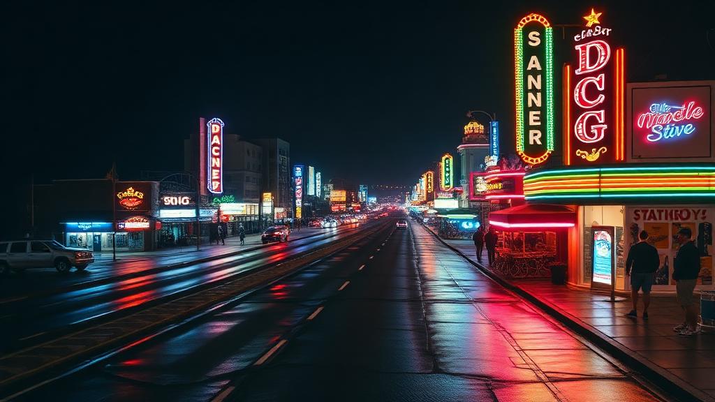 Ocean Drive at night with neon lights and classic beach town nightlife atmosphere