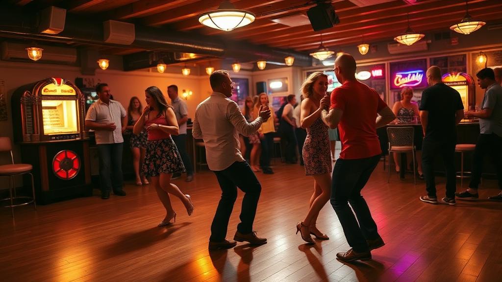 Couples dancing the shag on a wooden dance floor at a classic beach music club