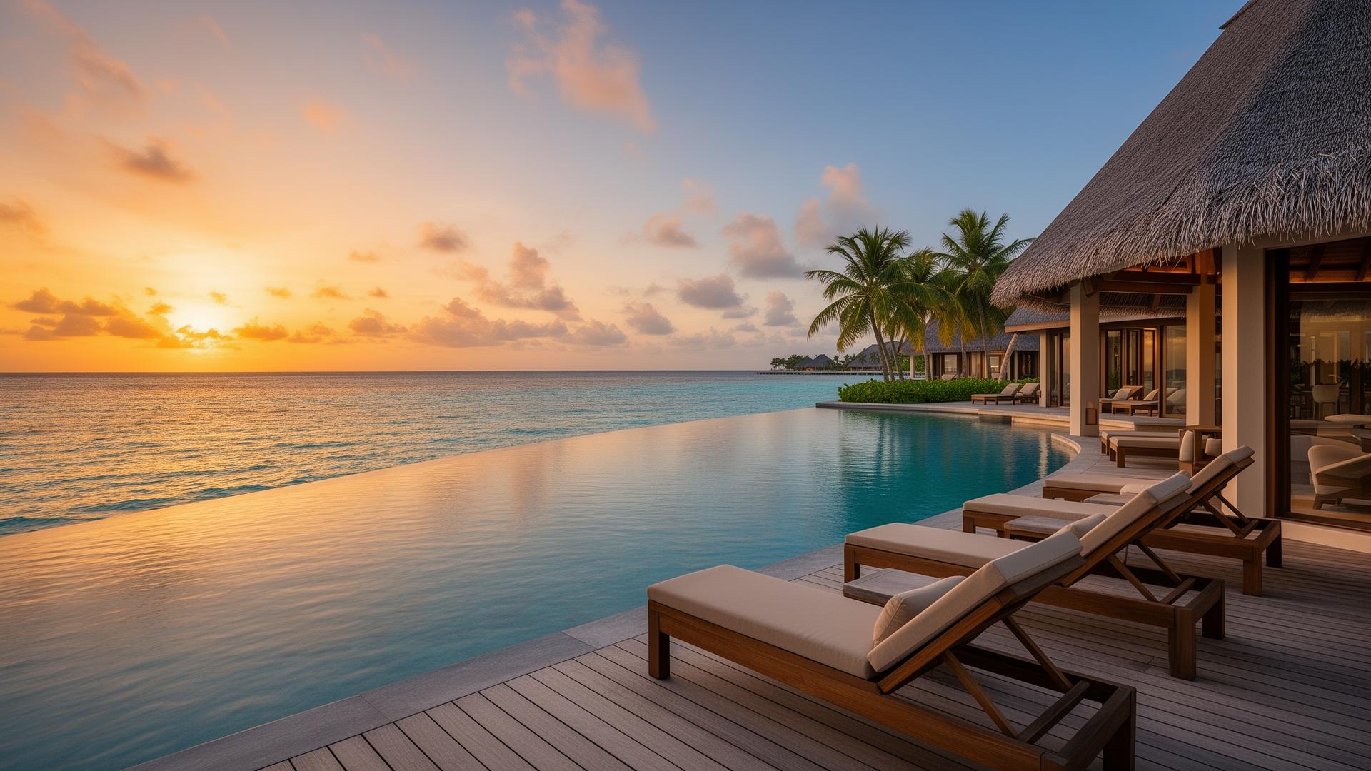 Maldives luxury resort infinity pool at sunset with overwater deck and Indian Ocean views