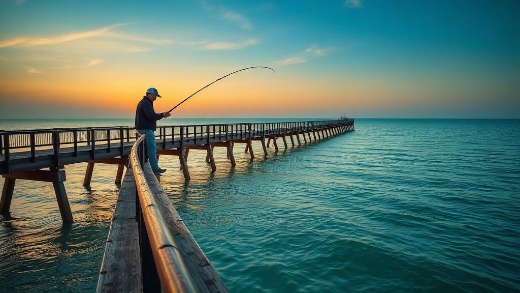 Angler pier fishing at sunrise on a Gulf Coast wooden pier
