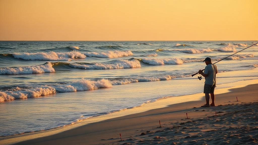 Surf fishing from a sandy Gulf Coast beach at golden hour