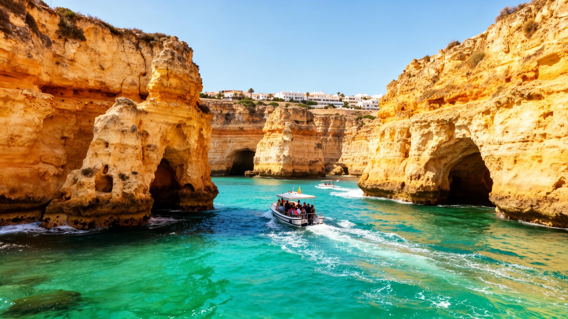 Boat tour navigating between dramatic golden limestone cliffs and sea arches at Ponta da Piedade