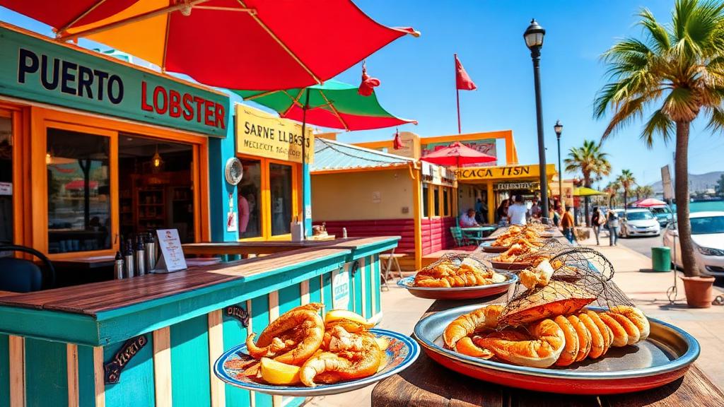 Colorful Puerto Nuevo lobster restaurants with fresh seafood plates in Baja Mexico