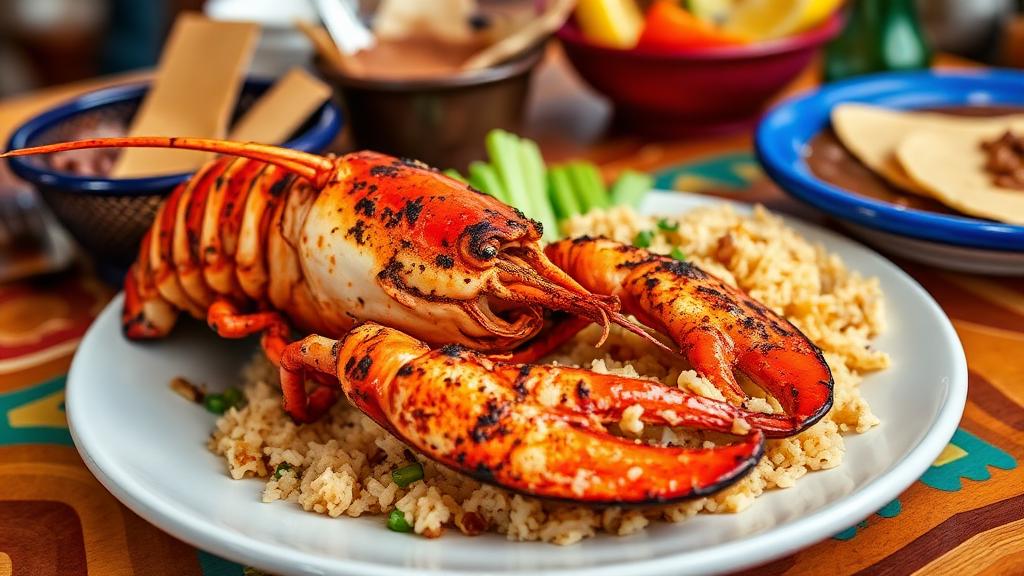 Grilled Baja lobster with rice beans and tortillas at Puerto Nuevo