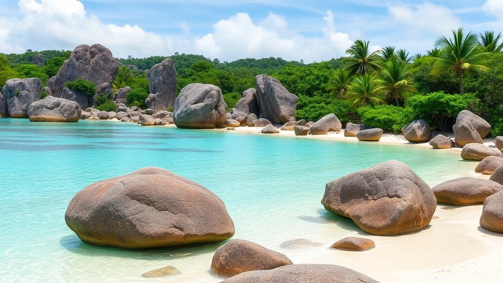 Praslin Seychelles beach with iconic granite boulders and turquoise water