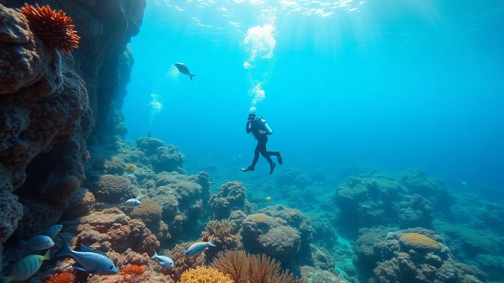 Diver exploring pristine coral reef wall with diverse marine life in clear tropical water