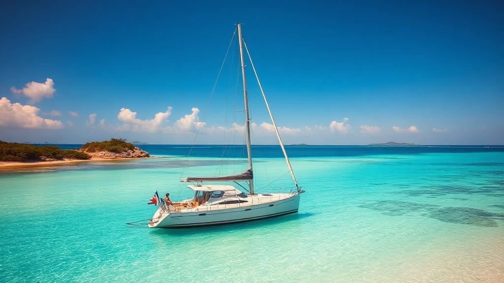 Sailboat anchored in calm tropical bay with white sandy beach