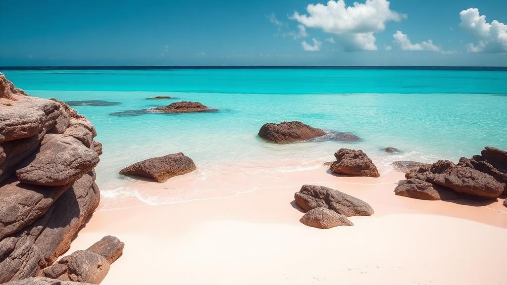Bermuda pink sand beach with turquoise water and natural rock formations