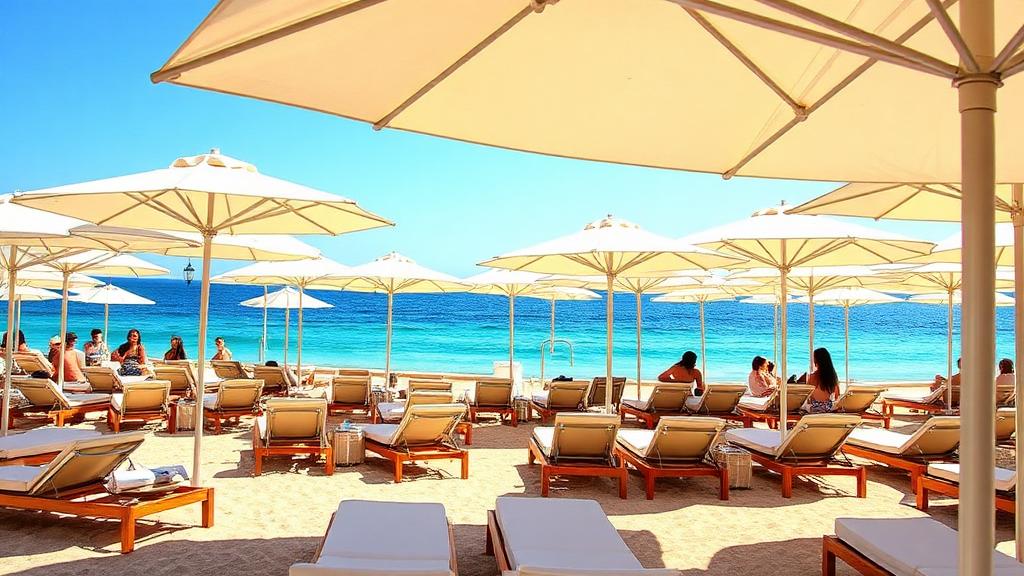 Luxury beach club on Pampelonne Beach Saint-Tropez with sun loungers and Mediterranean views