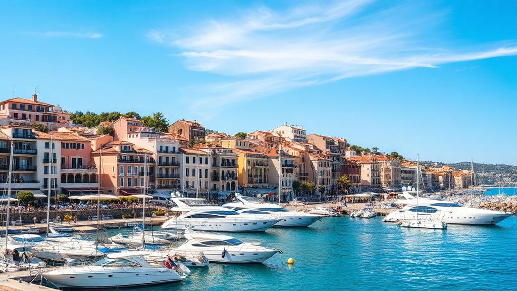 Saint-Tropez harbor with luxury yachts and pastel-colored waterfront buildings