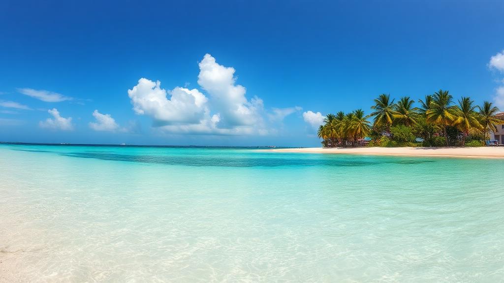 Montego Bay Jamaica beach with crystal clear turquoise water and palm trees