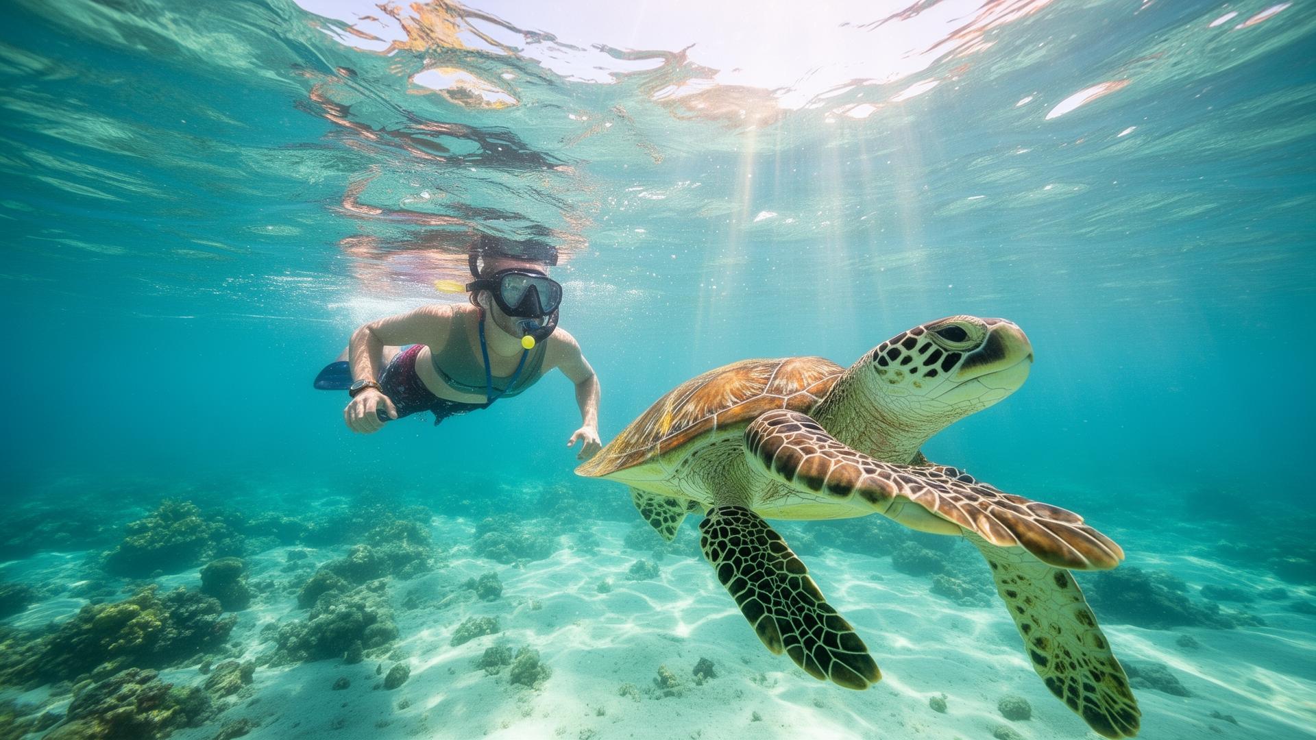 Snorkeler swimming alongside a green sea turtle in crystal-clear tropical water
