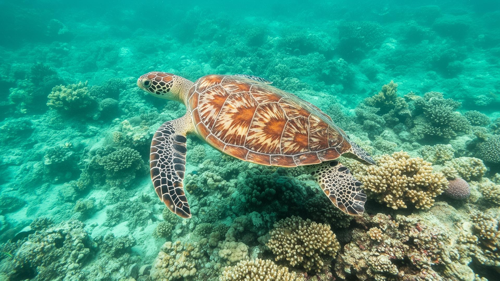 Sea turtle gliding over coral reef in turquoise tropical water