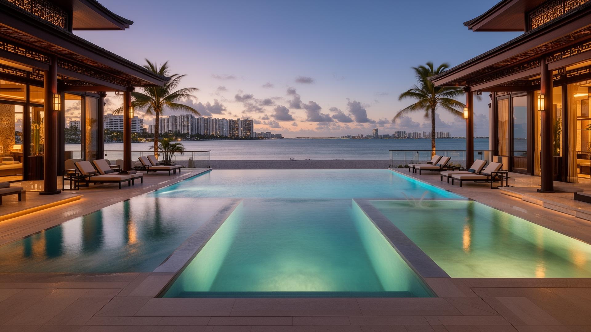 Luxury beachfront resort with three infinity pools and Asian-inspired design at dusk