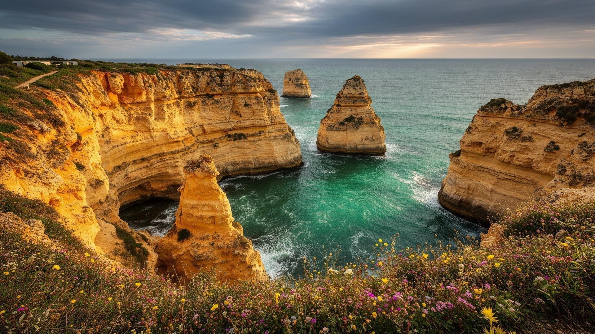 Dramatic Algarve coastal cliffs along the Seven Hanging Valleys trail with wildflowers