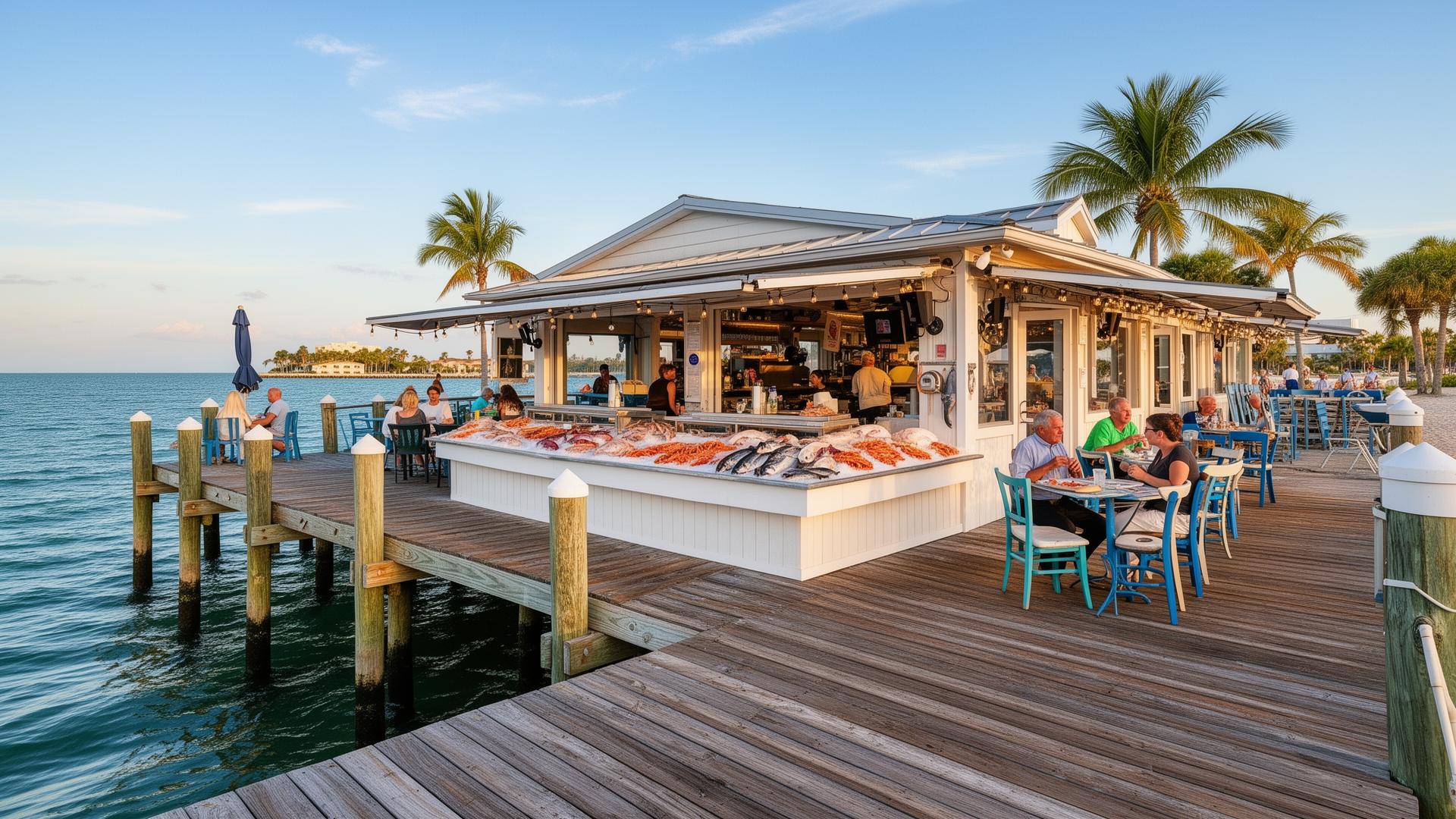 Charming beachfront seafood restaurant on Venice Florida pier with Gulf views