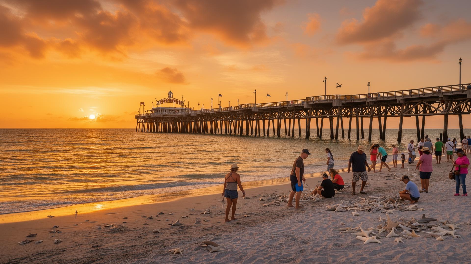Venice Beach Florida sunset with historic fishing pier and beachgoers