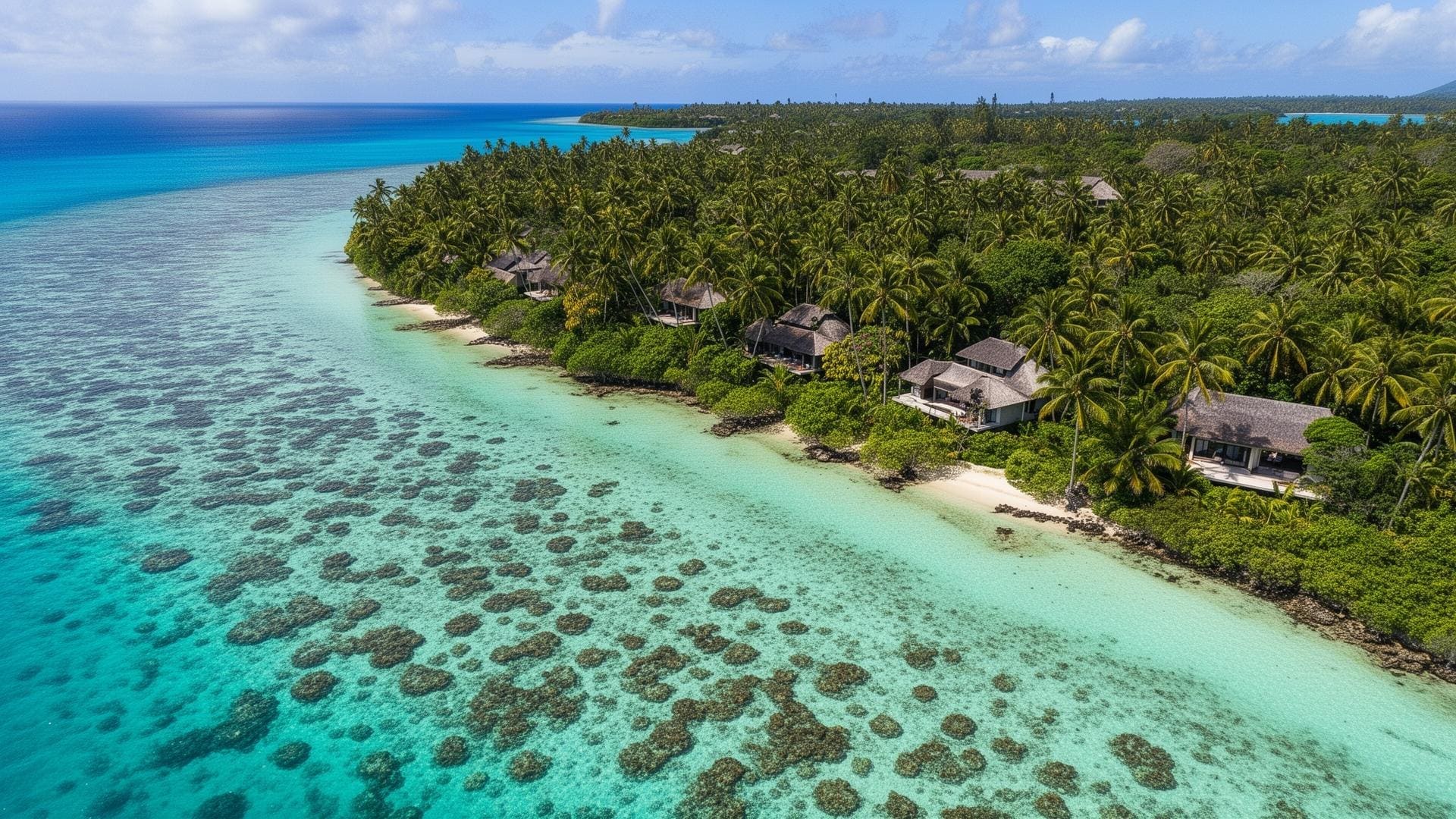 Aerial view of private island resort in Fiji with coral reef and tropical forest