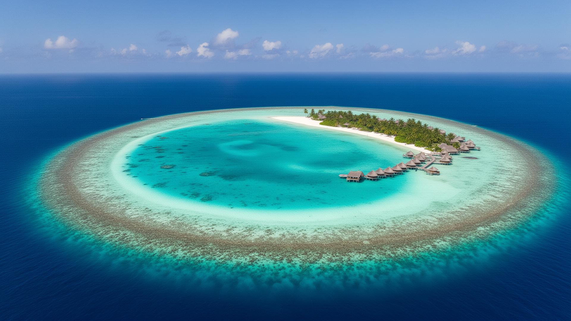 Aerial view of Maldives atoll with coral reef surrounding turquoise lagoon