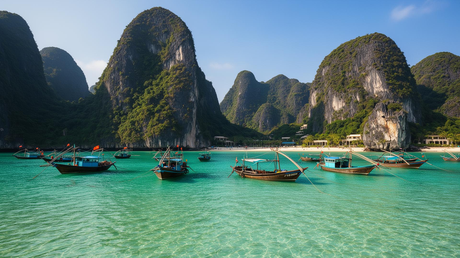 Vietnam coastal bay with dramatic karst mountains and traditional fishing boats