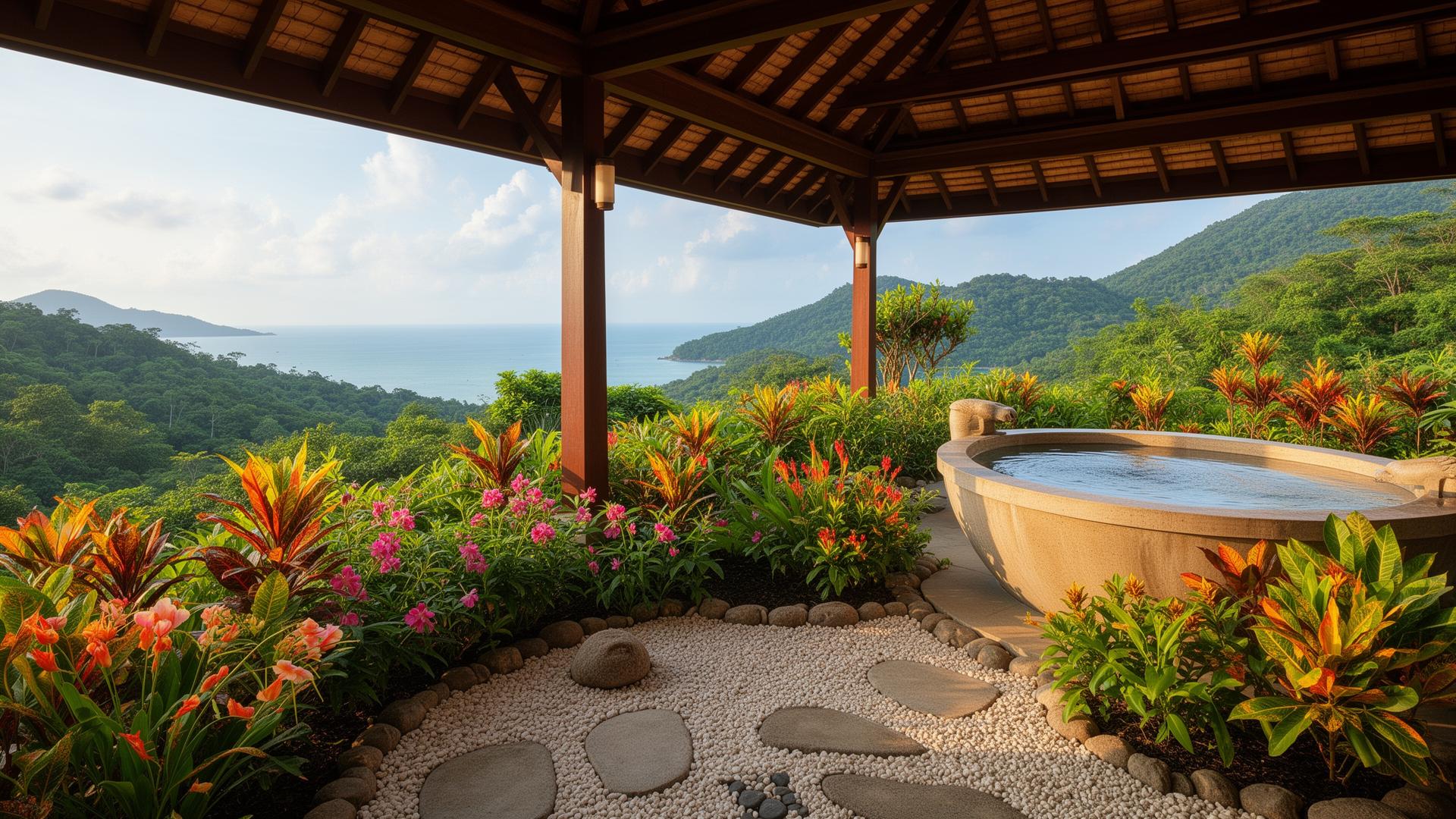 Thai island wellness retreat spa pavilion overlooking ocean from hillside