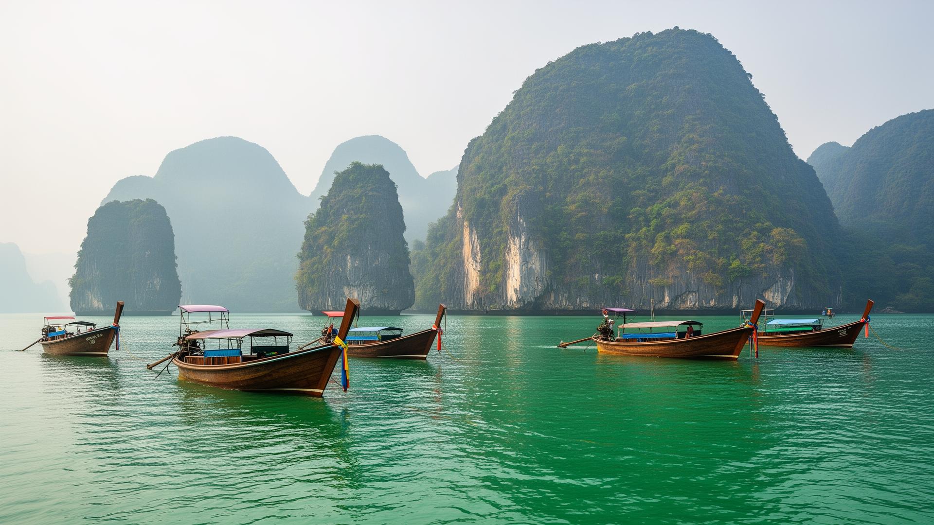 Phang Nga Bay panorama with limestone karsts and longtail boats from Yao Noi