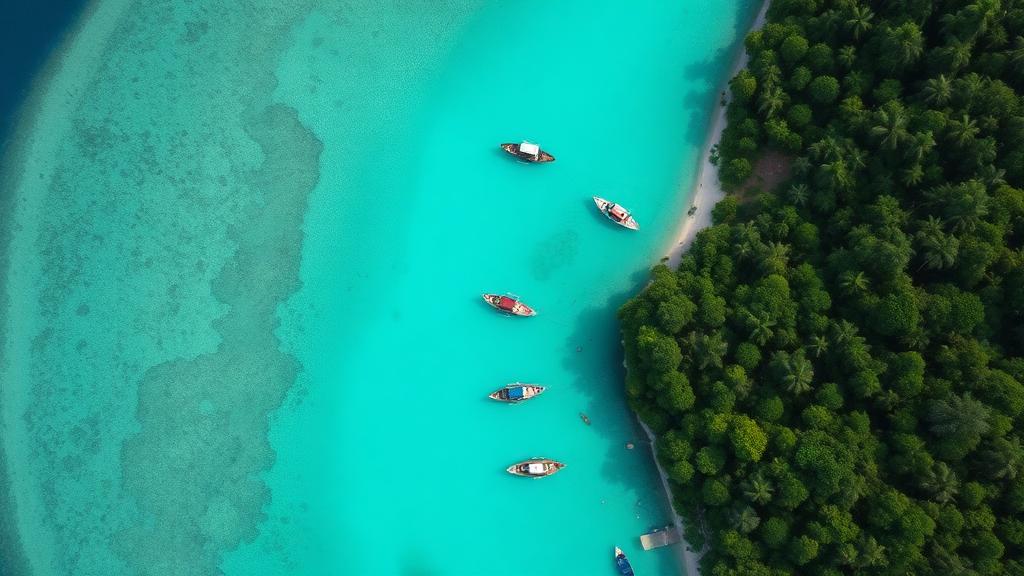 Aerial view of Solomon Islands coastline with turquoise lagoon and boats