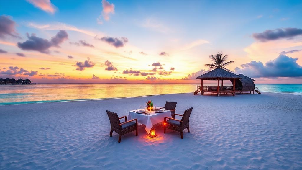 Private sandbank dining setup at sunset in the Maldives