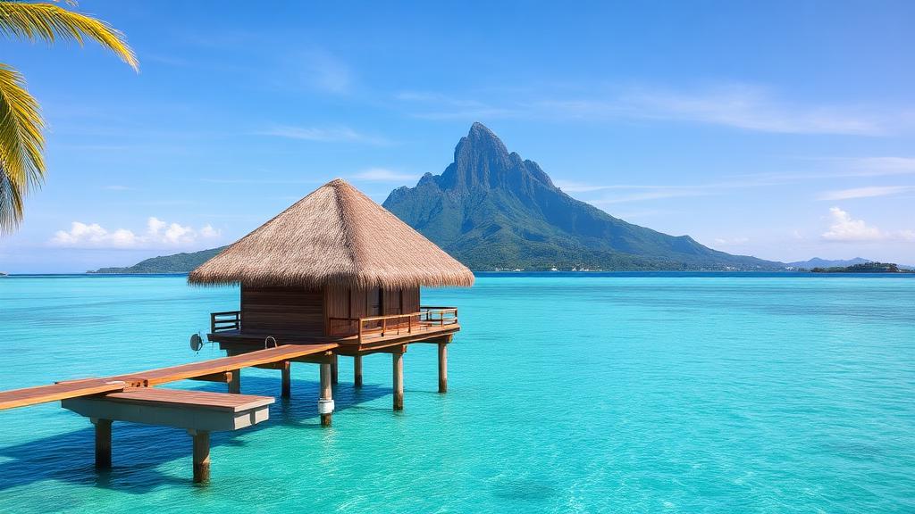 Overwater bungalow in French Polynesia with turquoise lagoon and Mount Otemanu