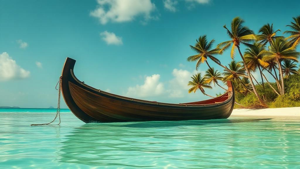 Traditional Polynesian canoe on pristine lagoon with palm trees and white sand