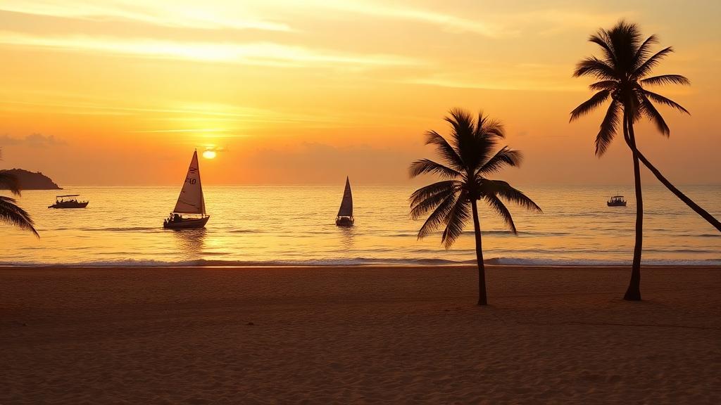 Surin Beach Phuket at sunset with sailboats and palm trees