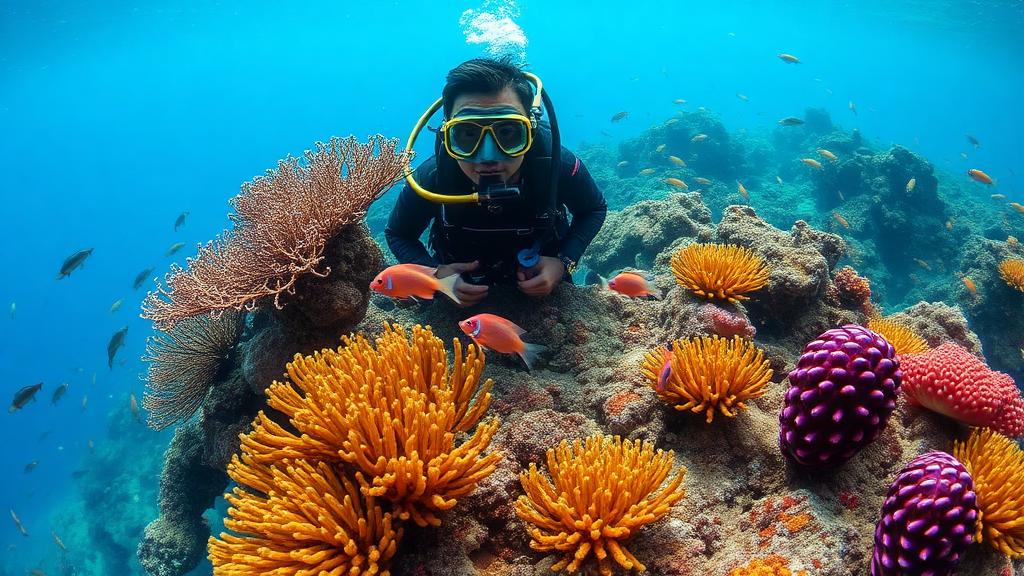Scuba diver exploring vibrant coral reef near Green Island Taiwan