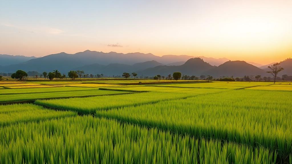 Taitung rice paddies with mountains in background at golden sunset
