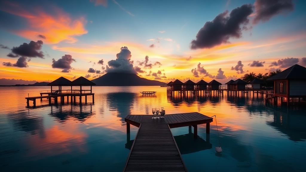 Tetiaroa lagoon sunset with overwater dock and bungalows