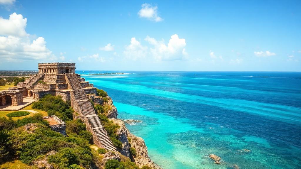 Caribbean beach and Mayan ruins near Cancún Mexico