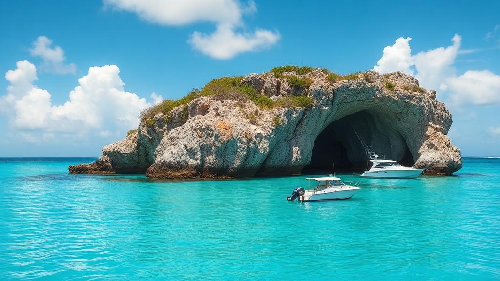 Thunderball Grotto limestone island with cave entrance and turquoise water