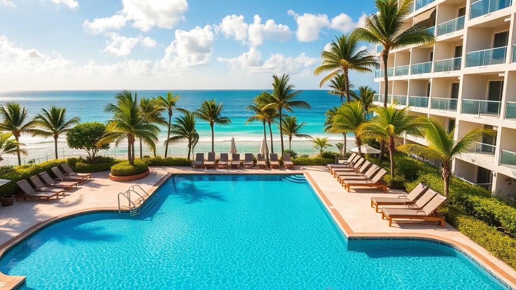 Resort pool overlooking Miami Beach ocean with tropical landscaping