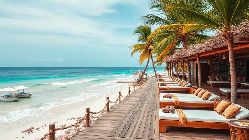 Tulum beach club with bohemian daybeds overlooking Caribbean Sea