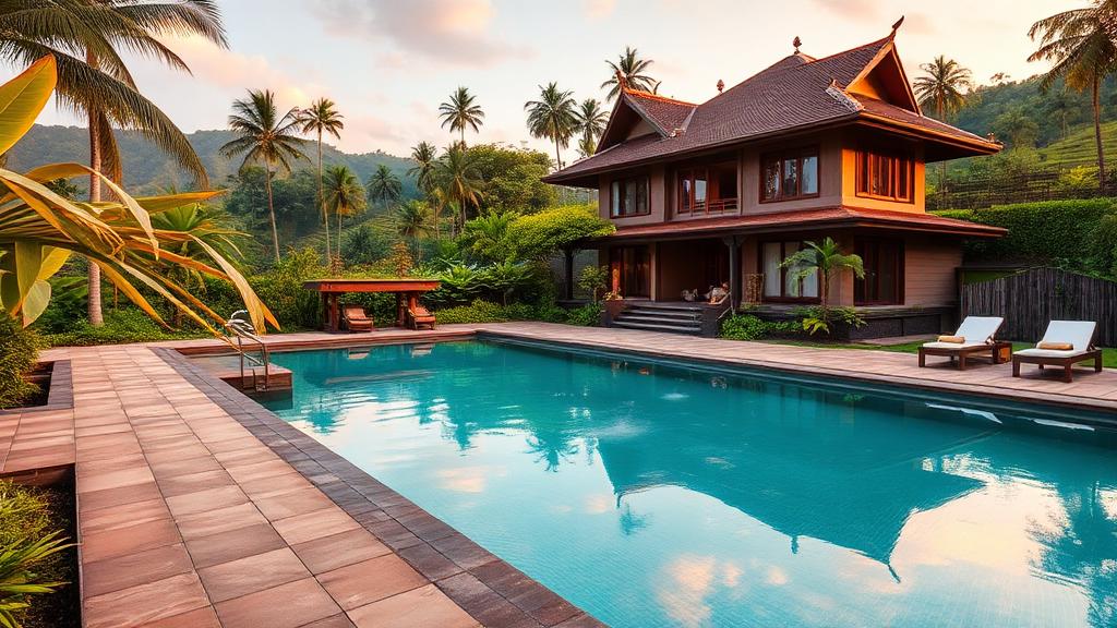 Luxury Balinese villa with private pool surrounded by tropical gardens and rice terraces