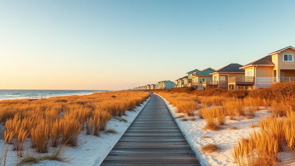30A beach boardwalk through coastal dunes with pastel beach houses in the distance