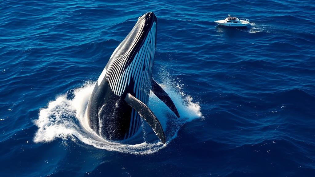 Humpback whale breaching out of deep blue ocean with whale watching boat in distance