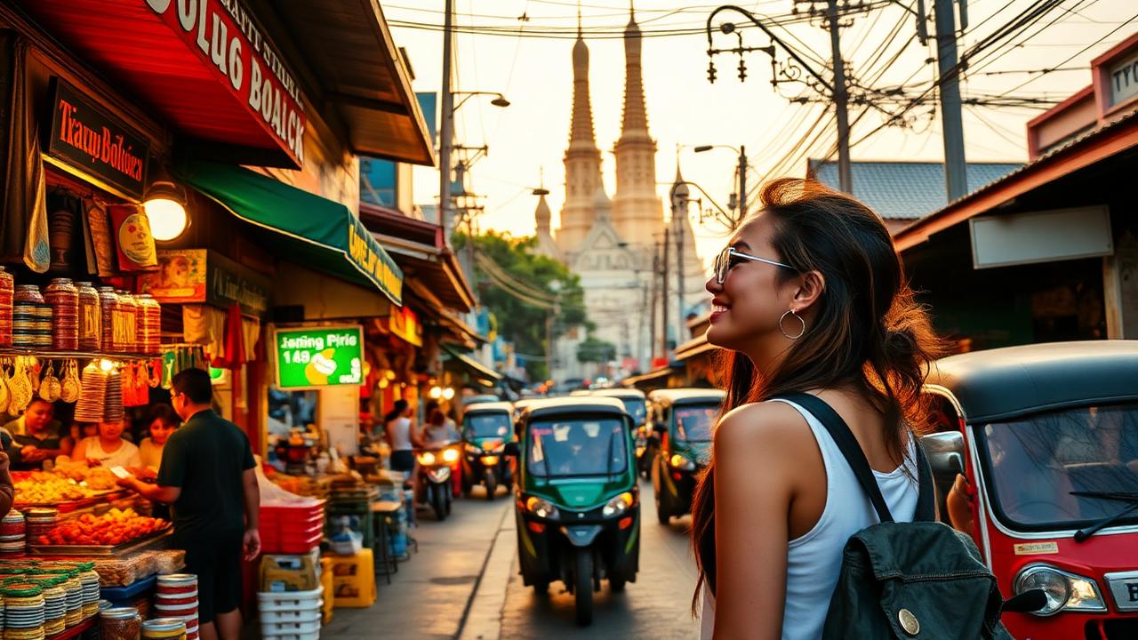 Solo female traveler exploring a vibrant Bangkok street market at golden hour