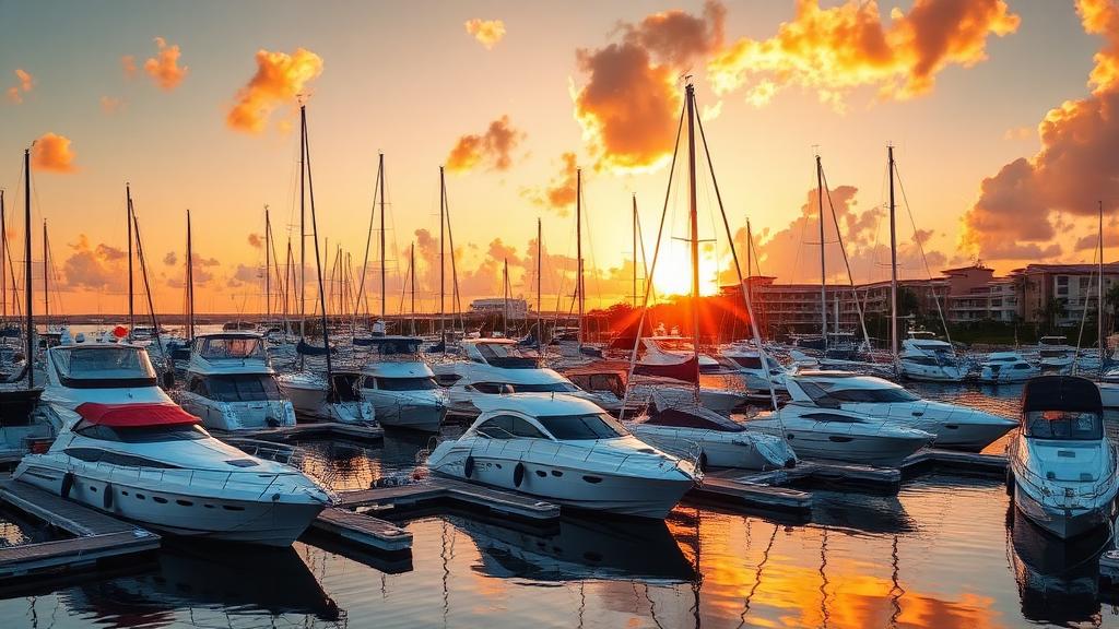 Luxury marina at sunset in Boca Raton with yachts and sailboats docked