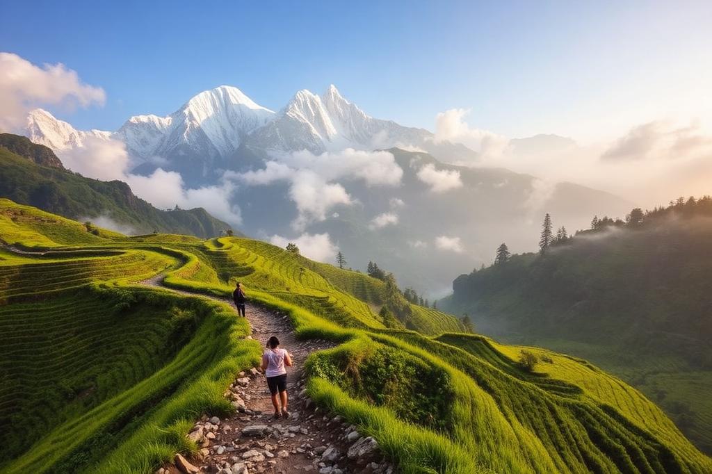 Mountain trekking trail through rice terraces with snow-capped peaks