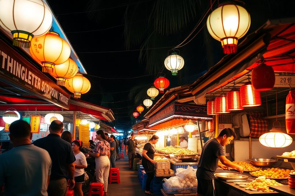 Vibrant Asian night market with colorful food stalls and lanterns