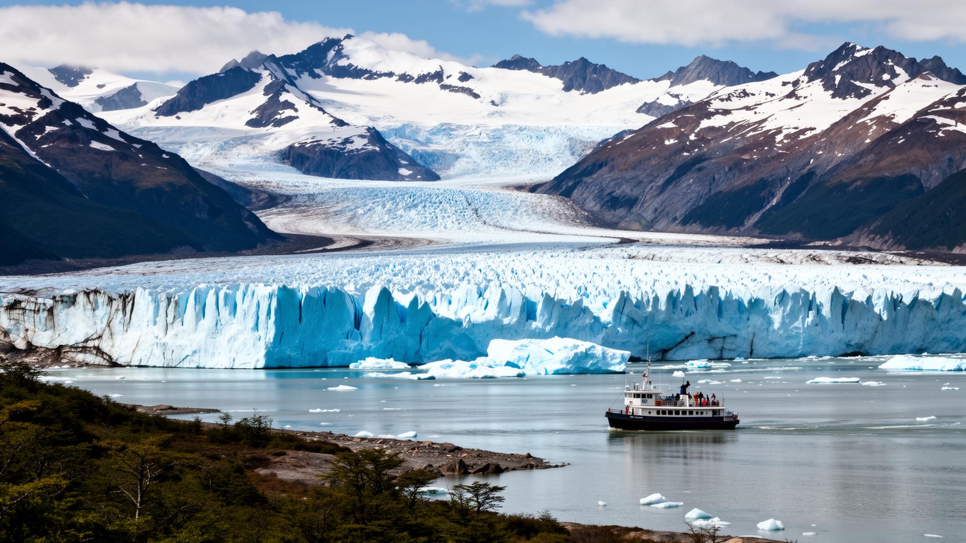 Alaska glacier calving into fjord water with expedition boat and snow-capped mountains