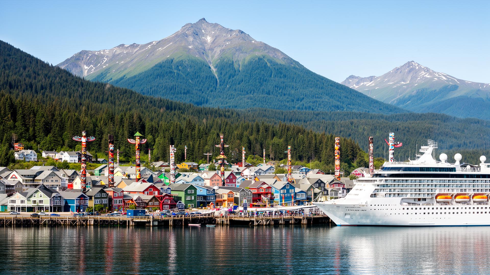 Alaska cruise port town with colorful buildings, totem poles, mountains, and cruise ship